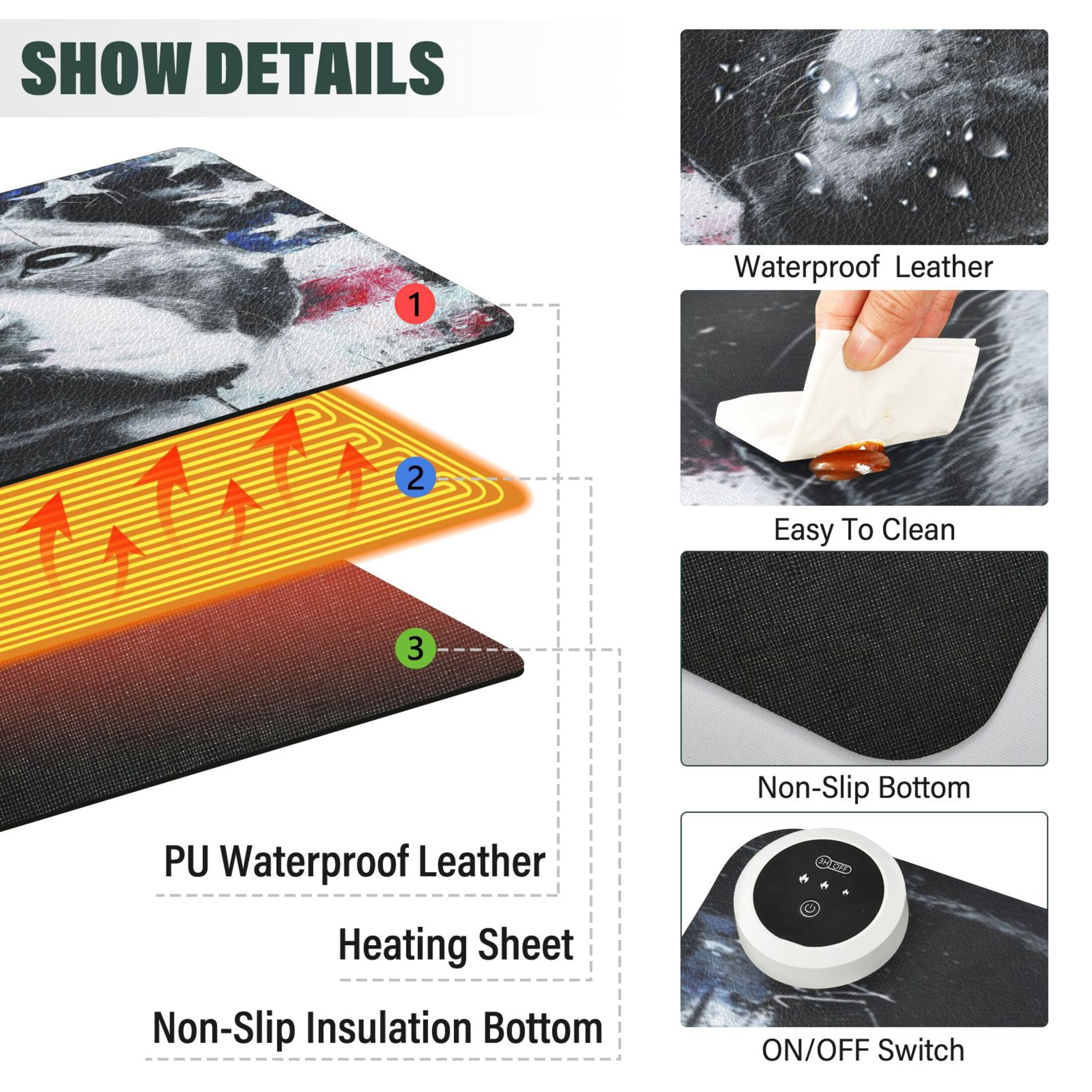 Large Heated Desk Mat Mouse Pad 31.5"x13"PU Leather Graphene Heating Desk Warmer with 3 Temperature Settings 110V US Plug Non-Slip Warm Pad for Home, Office, and Gaming Guardian Of The Old Glory