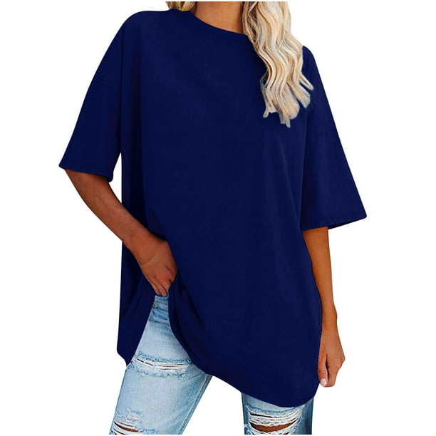 Tops de Manga Corta para las Mujeres Suelto Ajuste, Nuevo Sólido Suelto de la Mitad de la Manga, Cuello Redondo de la Cintura de Algodón Tops