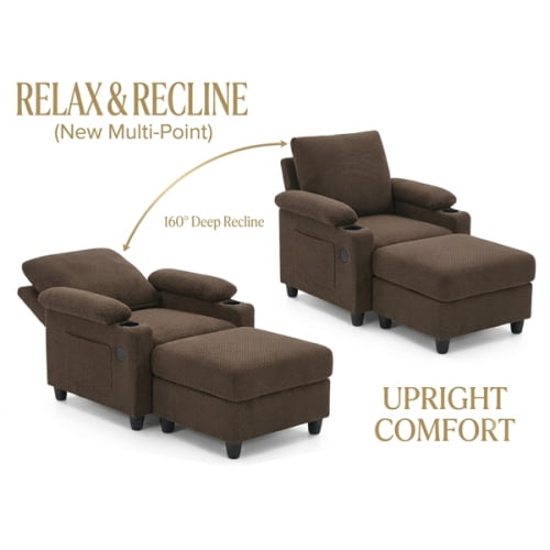 Accent Chair and Storage Ottoman Set, Convertible Single Chaise Lounge Sleeper Bed with Reclining Backrest, Dual Cup Holders, USB-C Ports, Side Storage Pocket, Coffee