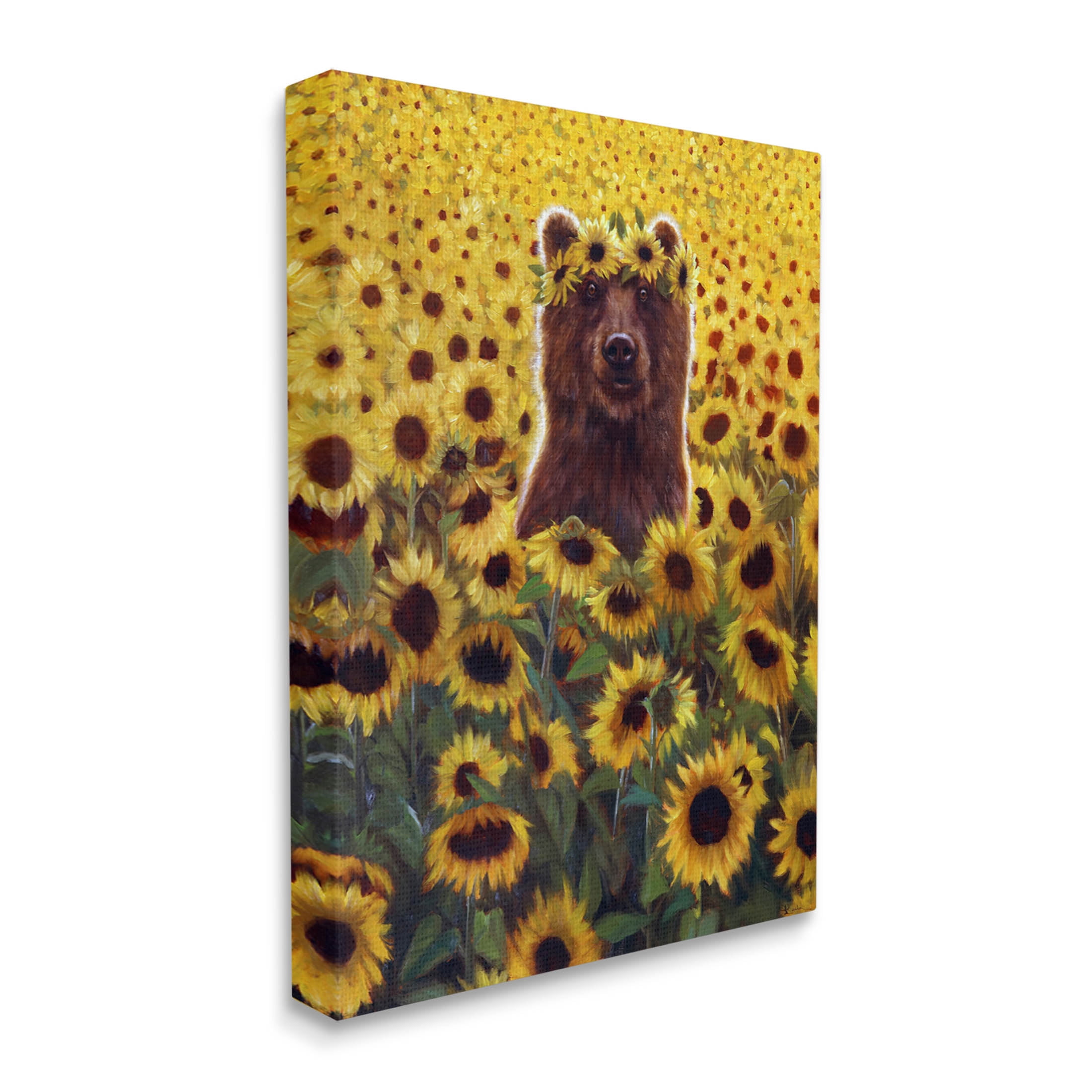 Happy Bear Sunflower Field Animals & Insects Painting Gallery Wrapped Canvas Print Wall Art