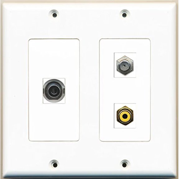 RiteAV - 1 Port RCA Yellow 1 Port Coax Cable TV- F-Type 1 Port 3.5mm - 2 Gang Wall Plate