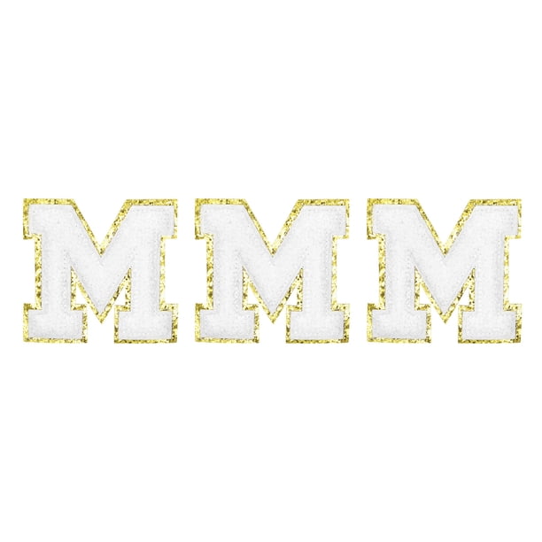 Carteles de letras de chenilla M parches de gran tamaño 80mm/3.15 pulgadas con brillo dorado para ropa, zapatos, gorras 3PCS (blanco)