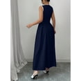 thumbnail image 2 of Navy Blue Sleeveless A-Line Maxi Dress With Contrast Tie Neck, Ruched Waist, Elegant Daily Wear, 2 of 8