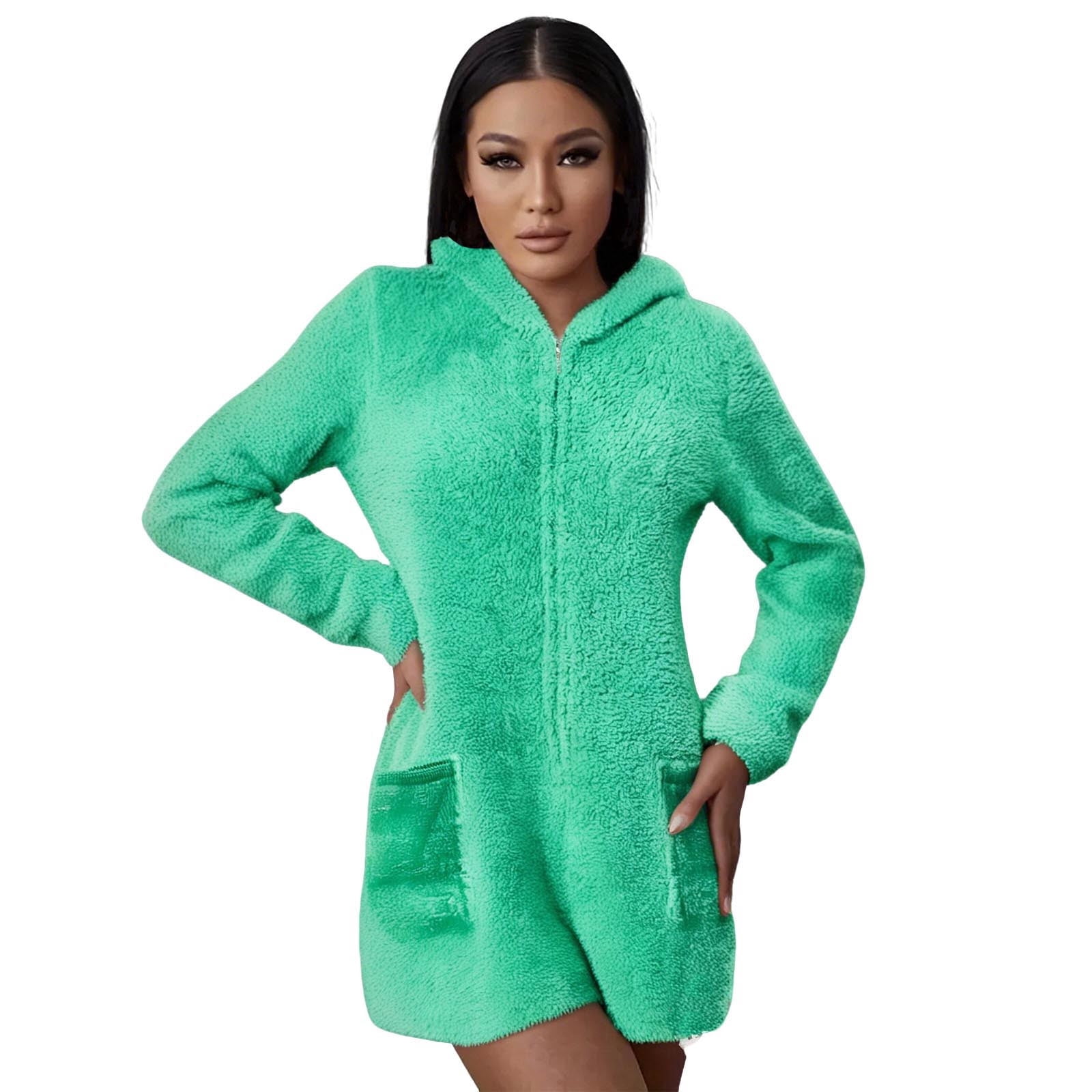 Womens Long Sleeve Onesies Pajamas Fuzzy Zip-Up Hooded Romper Warm Short Playsuit Jumpsuit Fleece Sherpa Sleepwear Green, XL