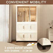 Portable wardrobe storage box, can be used as a wardrobe, equipped with 9 magnetic doors, 9 compartments and 1 hanging rod, as well as 6 hangers. White model