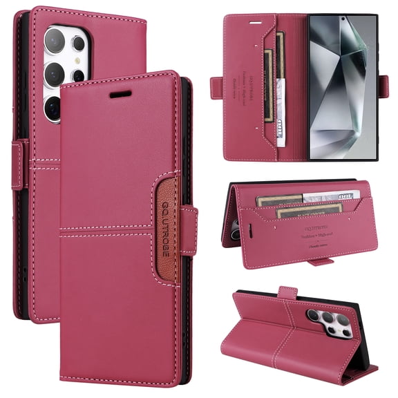For Samsung Galaxy S23 Ultra Flip Wallet Case,[RFID Blocking]PU Leather Magnetic Folio Cover,With Card Slots,Flip Folding Kickstand,Shockproof TPU Anti-fall Rugged Phone Case Cover,Red