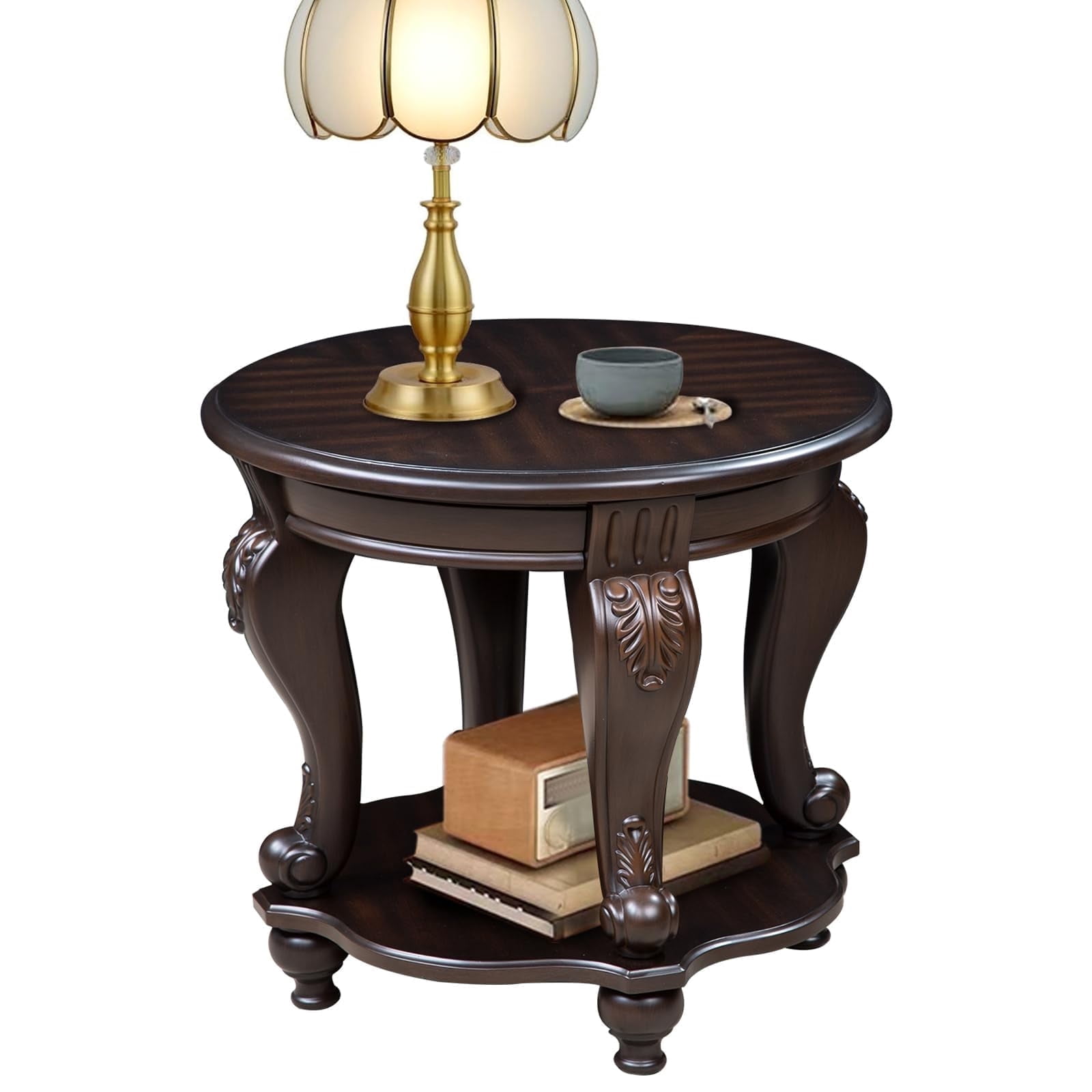 22" Vintage Round End Table - Solid Wood Side Table with Shelf & Carved Legs for Living Room, Farmhouse Style in Espresso