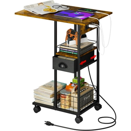 C Shaped Sofa Side Table with Wheels Rolling Small Coffee Table with Drawer Portable TV Tray Table for Couch Bedside Table with Storage Narrow Nightstand for Bedroom End Tables Livin