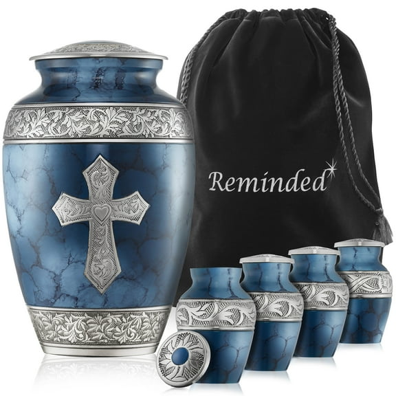 Reminded Set of 5 Engraved  Cross Cremation Urns for Human Ashes - 1 Brass Adult   4 Keepsake Token Size, Blue