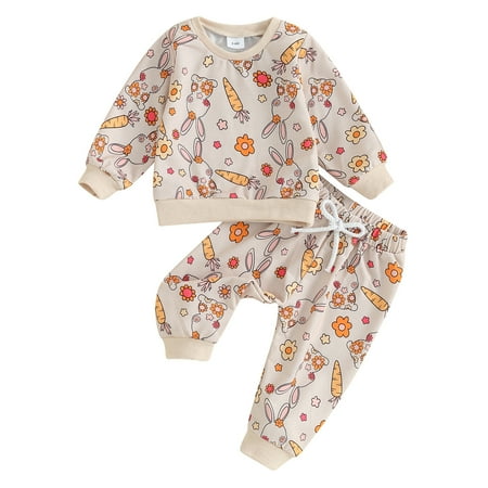 

Suealasg Toddler Girls Easter Clothes 2Pcs Baby Girls Spring Outfit Kids Girls Long Sleeve Crew Neck Floral Carrot Bunny Print Sweatshirt Drawstring Pants Sets