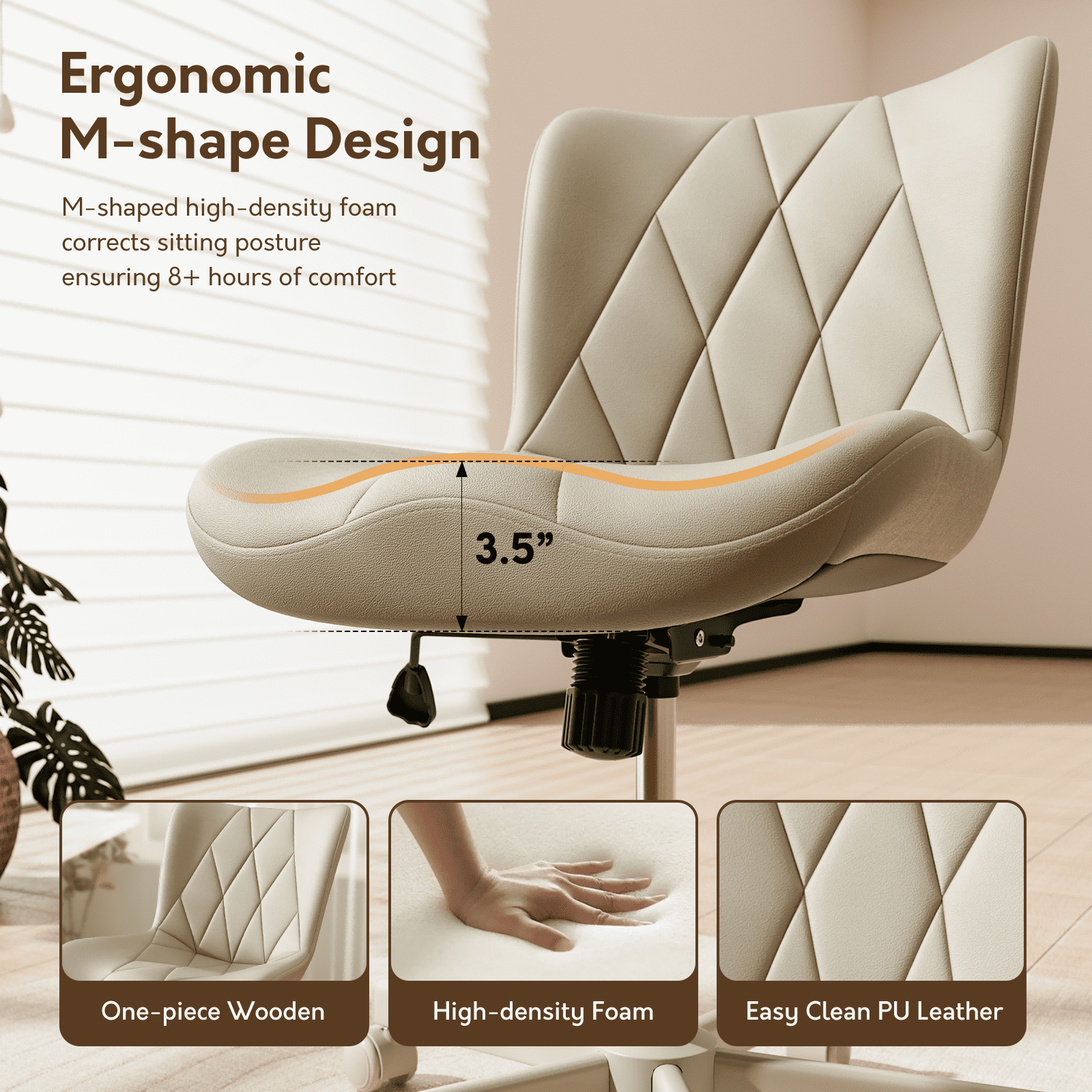 HomeZeer Space Saving Armless Office Chair with Wheels, Adjustable Height PU Leather Swivel Computer Task Chair, Soft Padded Mid Back Vanity Chair Design for Home Office & Small Spaces, Beige