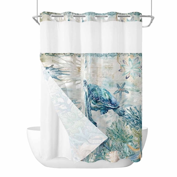 Blue Teal Turtle Coastal No Hook Shower Curtain with Snap in Liner Summer Beach Ocean Nautical Coral Waterproof Bathroom Shower Curtain with See Through Top Window for Bathtub 60" x 72"