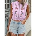 thumbnail image 3 of Women'S Floral Embroidery Lace Trim Blouse Mock Neck Sleeveless Holiday Crop Tops Magenta XXL, 3 of 7