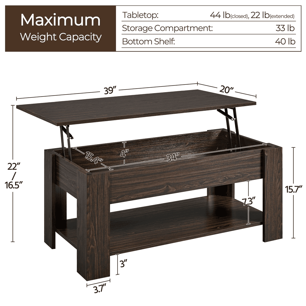 Yaheetech 39In Lift Top Coffee Table with Hidden Storage Compartment & Open Shelf, Wood Lift Up Coffee Table for Living Room, Espresso