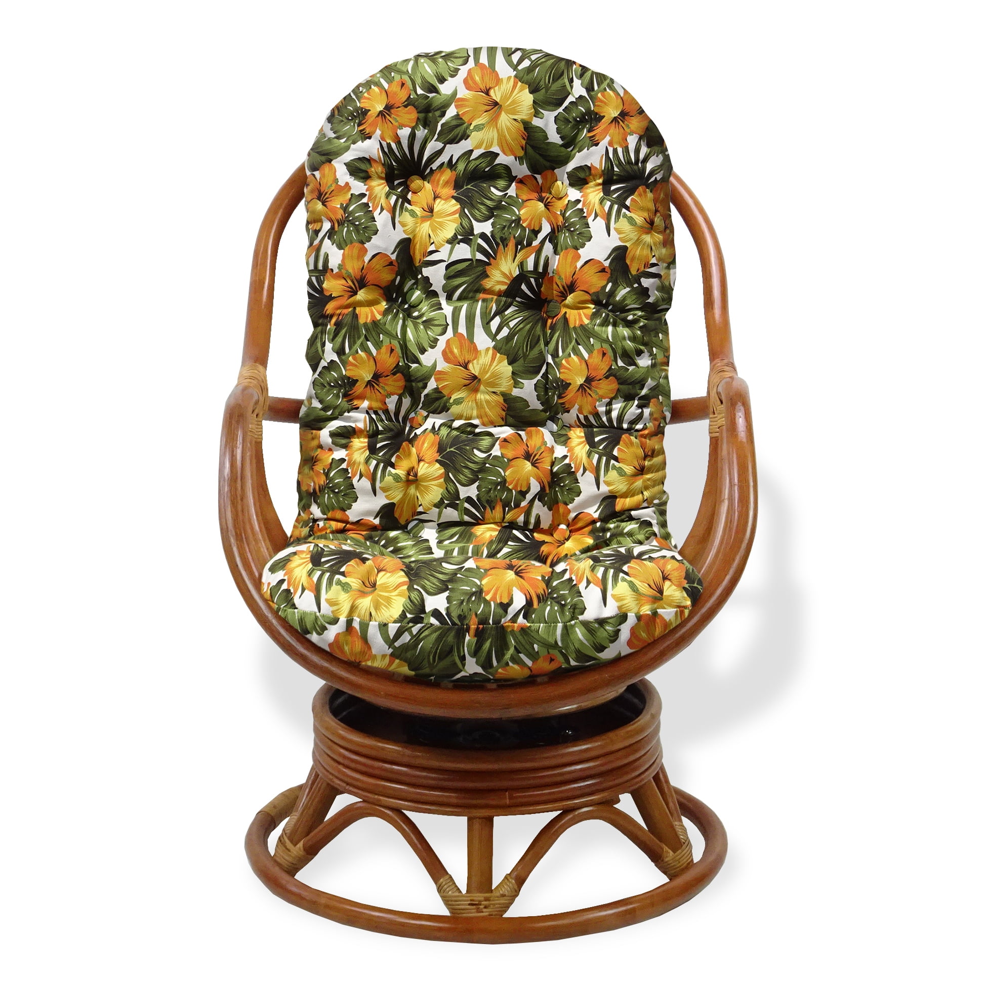 Bali Lounge Swivel Rocking Chair with Floral Cushion Rattan Wicker Handmade, Colonial Color