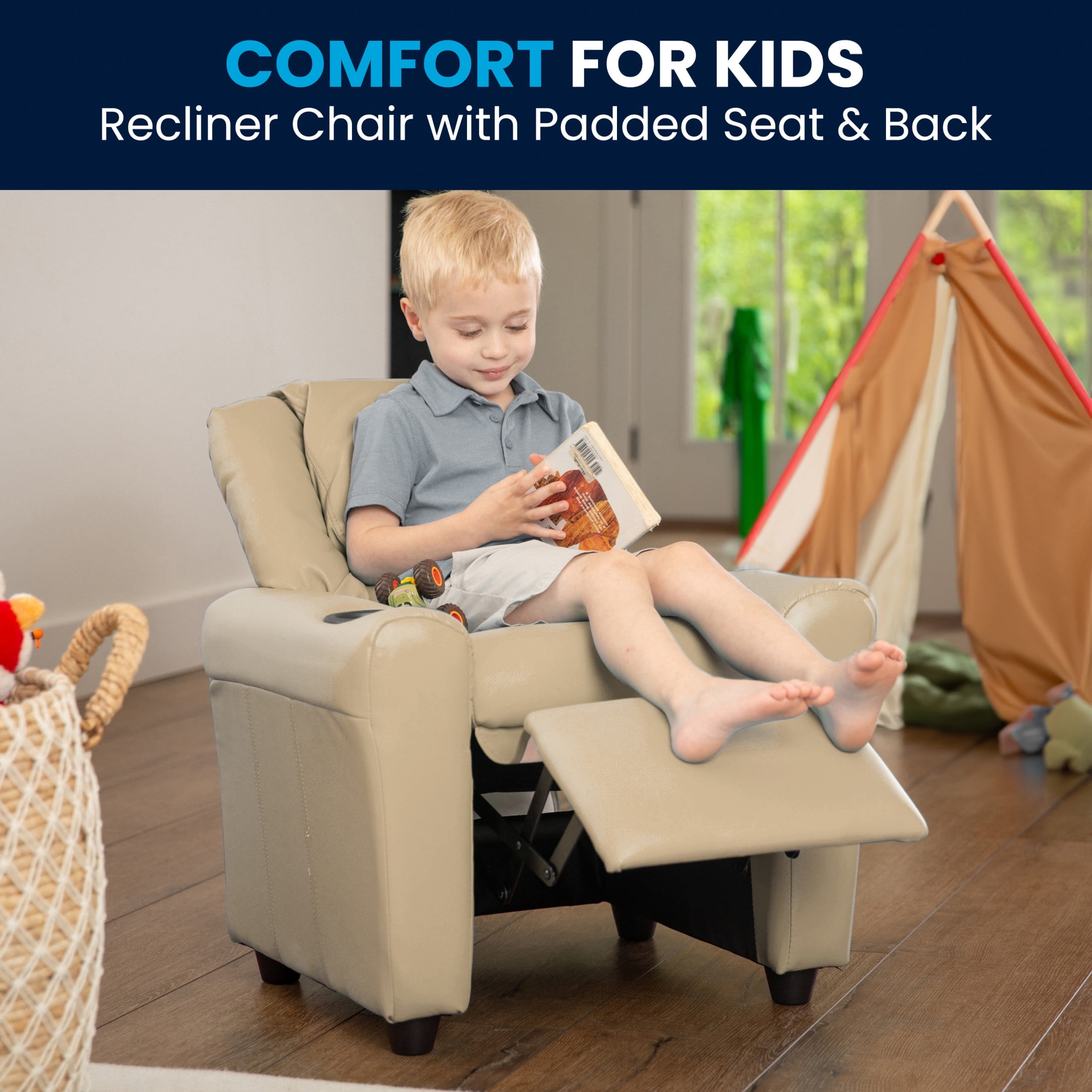 Flash Furniture Vana Contemporary Beige Vinyl Kids Recliner with Cup Holder and Headrest