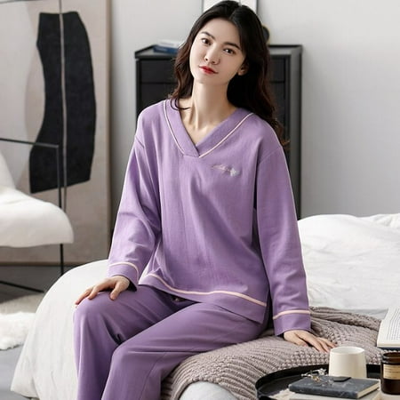 

PIKADINGNIS New Arrivals Women Home Wear Spring Autumn Purple v-neck Long Sleeve Women Pajamas Set Pant Pyjamas Sets Full Cotton Sleepwear