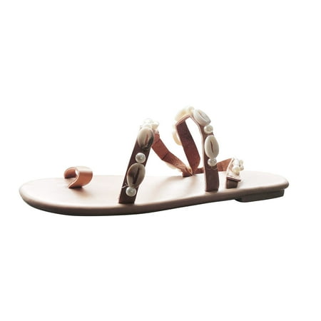

CYMMPU Women s Sandals Women s Fashion Casual Shell Pearl Decorated Flat Flip Flops Sandals