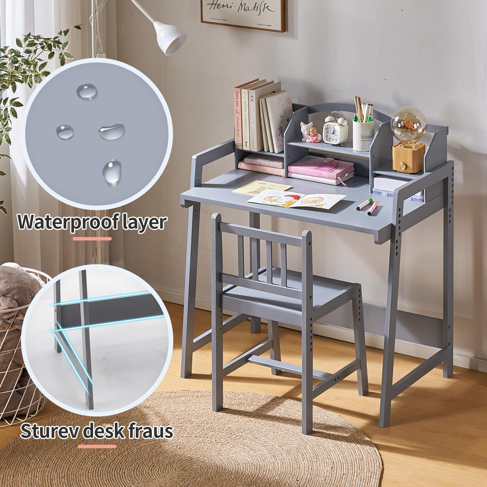 UNICOO® Kids Desk and Chair Set – Durable, Modern Study Table for Homework & Art – Ergonomic Design – Grey 01