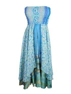 Mogul Women Blue Long Skirt Printed Dress Recycled Sari Flared Skirt, Hi Low Dresses, Strapless Dress, Two Layer Skirt S/M