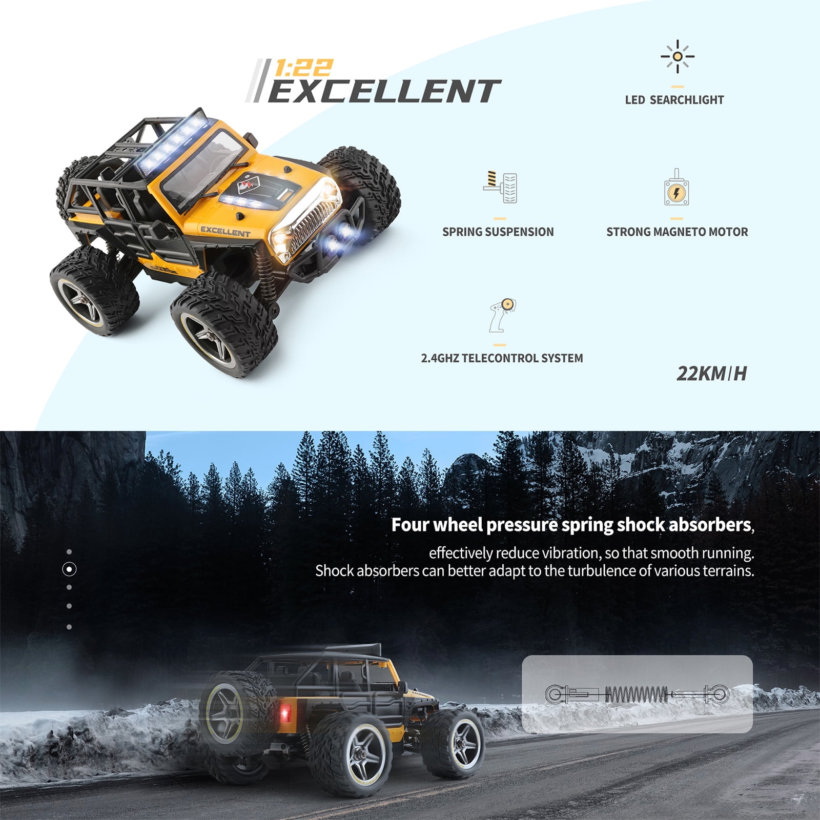 Bruce&Shark WLtoys 22201 RC Car, 1:22 Scale 2.4GHz Remote Control Car, 2WD Off Road RC Truck with LED Light for Kids and Adults