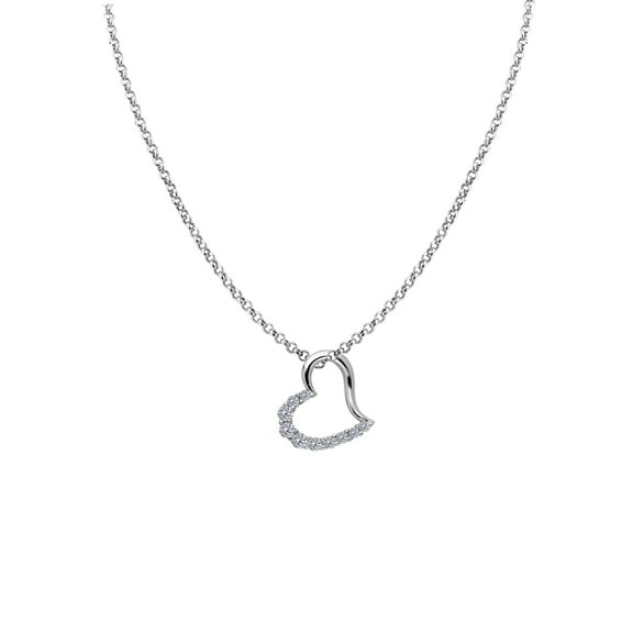 Precious Stars 14K White Gold Cubic Zirconia Ladies Sideways Heart Slider Pendant with 16" Chain Necklace
