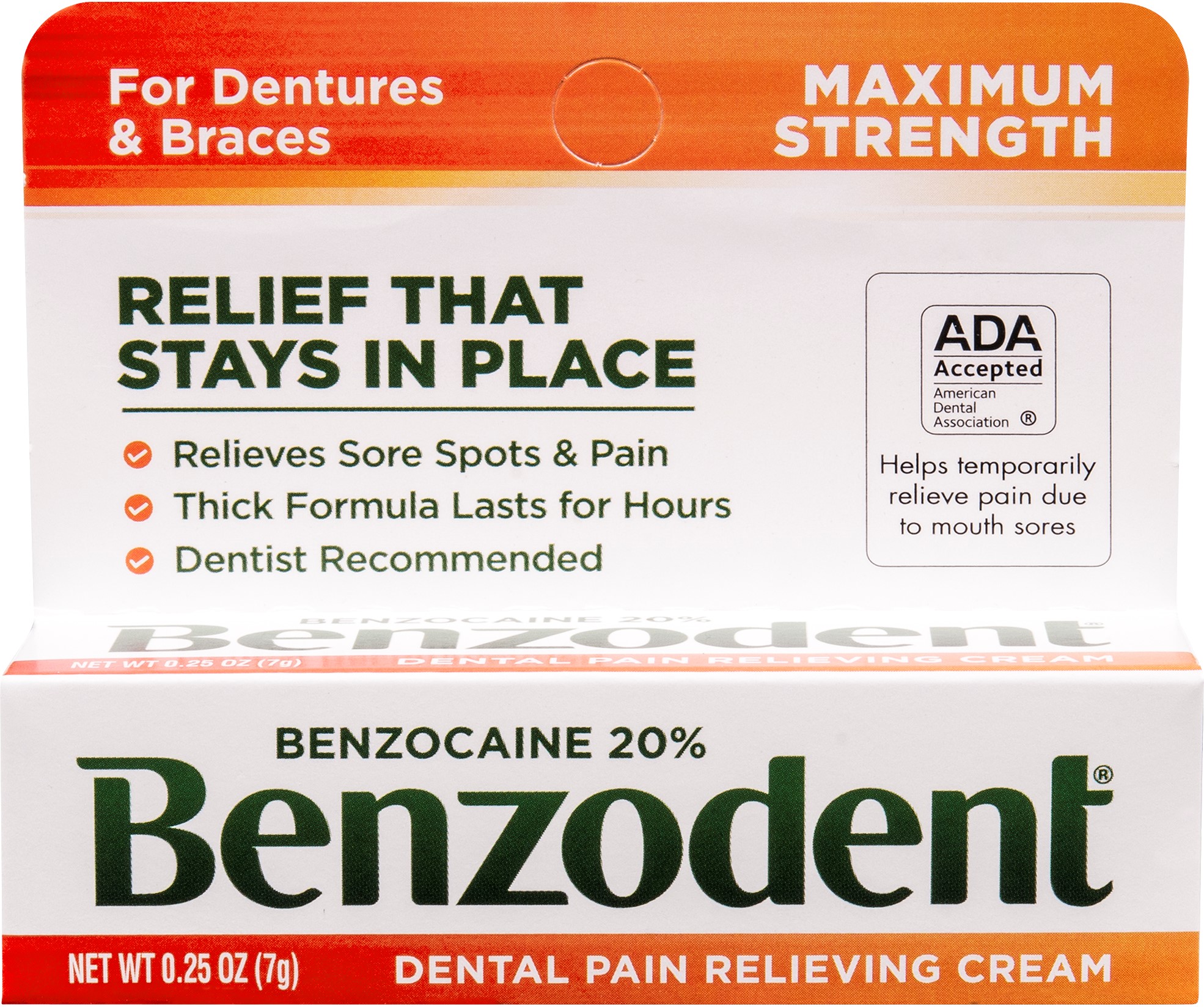 Benzodent 20% Benzocaine Dental Pain Relieving Cream - 0.25 Oz (Exp 5/2026)