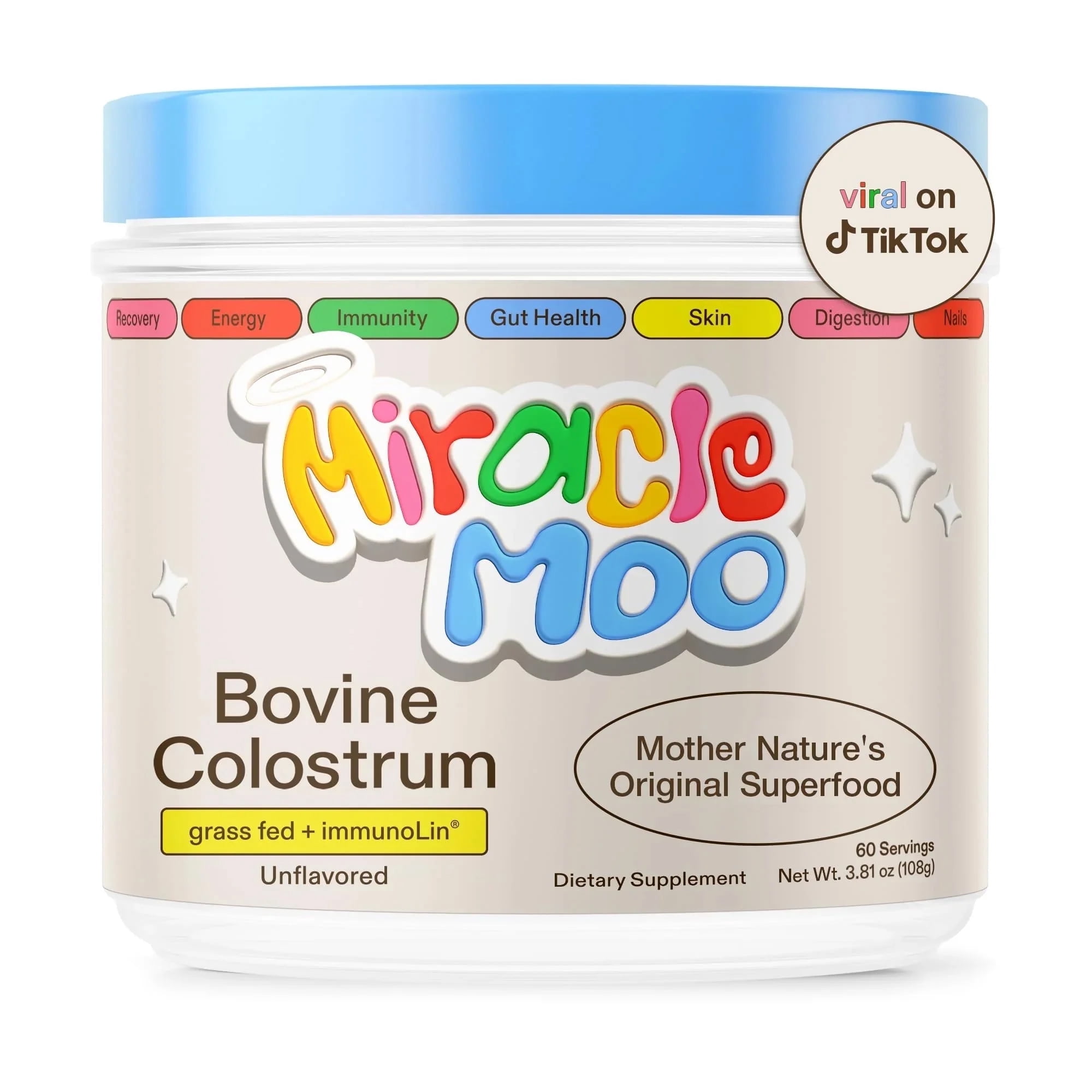 Miracle Moo Colostrum Supplement for Gut Health, Hair Growth, and Immune Support, Unflavored 60 Servings