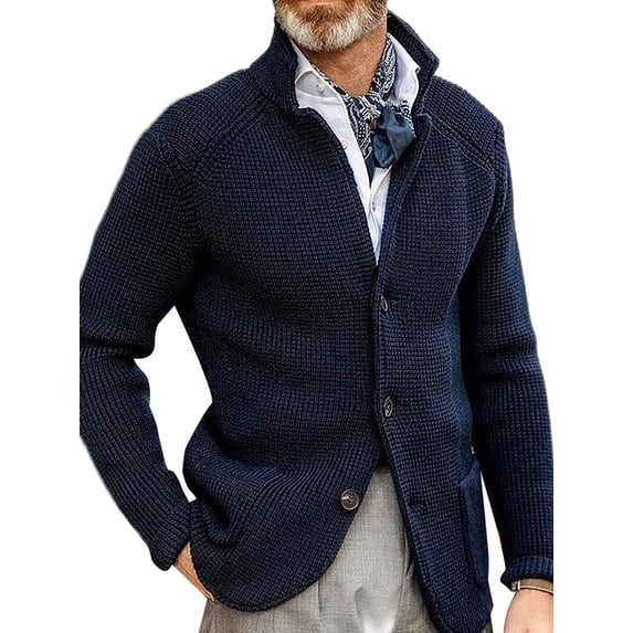Calzi Solid Color Sweater Cardigans for Men Single Breasted Knit Cardigan Sweaters Casual Stretch Jacket with Pockets Navy Blue M