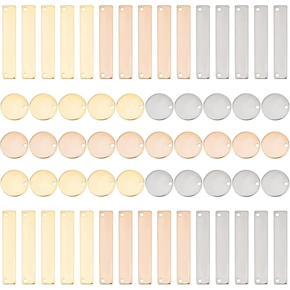 60Pcs 2 Styles 3 Colors Engraved Pendant Stainless Steel Stamping Blank Tag Pendants Flat Round Rectangle Connector Charms in Gold and Rose Golden Color