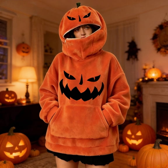 Halloween Pumpkin Hooded Onesie Adult Jack O Lantern Halloween Costume Long Sleeve Orange Hooded Jumpsuit, Plush Fleece Vintage Crewneck Pullover Top for Couples Matching Fall Loungewear Cozy Pajamas