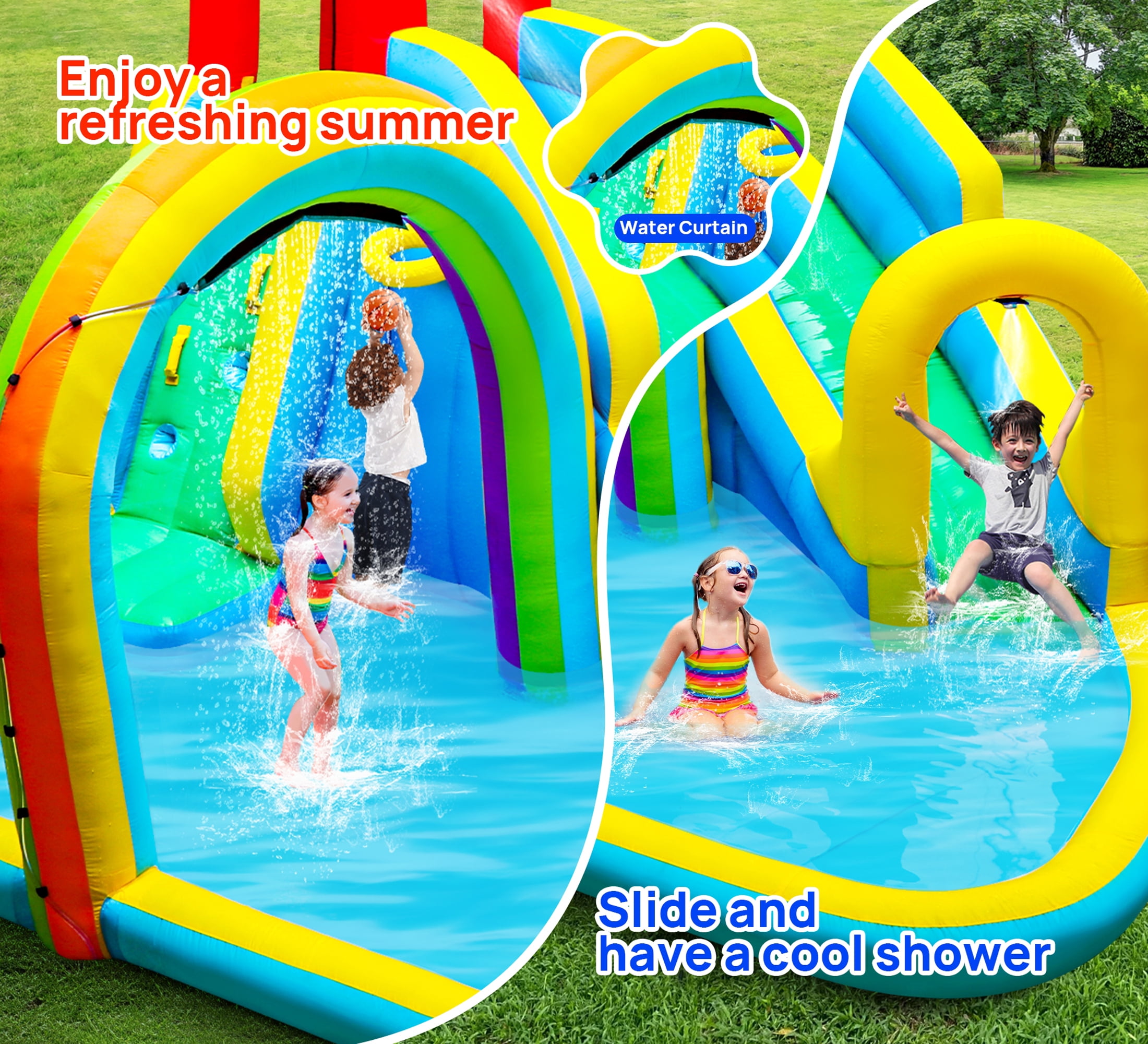 WELLFUNTIME Inflatable Water Slide Park with Blower, Bounce House for Kids with Splash Pool and Rainbow Sprinkler