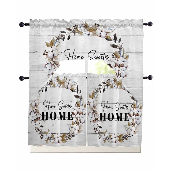 Farmhouse Wreath Swag Kitchen Curtains Sets for Windows 24 Inch Length, Sweet Home Rustic Plants Texture Grey Wood Short Window Curtain Swags Valances and Tiers 3 Piece Set for Cafe/Dining Room
