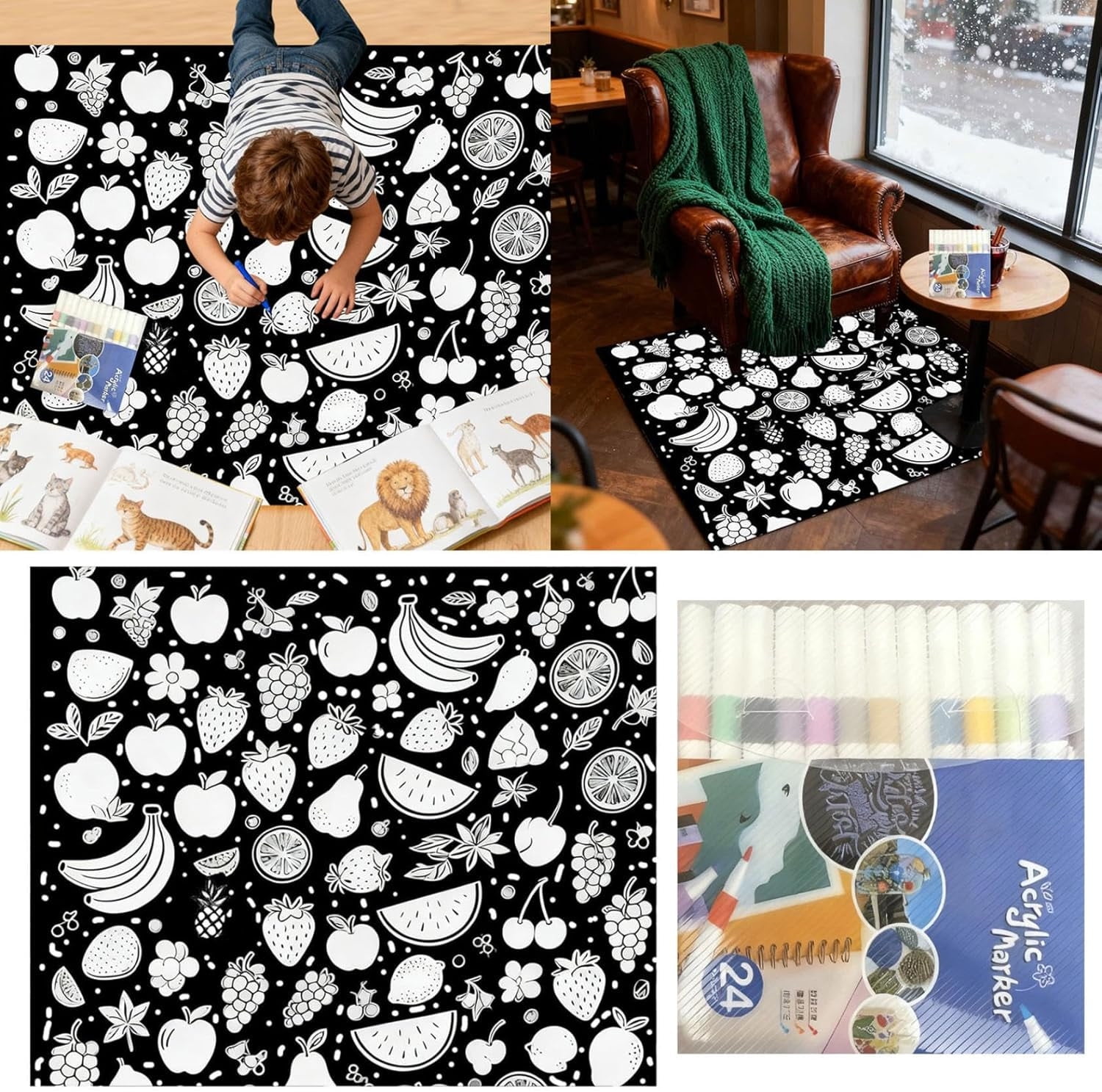 DIY Coloring Blanket with Markers, Color Your Own Blankets, Washable DIY Colorings Blanket Kits, You Can Color Fuzzy Velvet, Creative DIY Colorings Blankets for Adults, Fruit