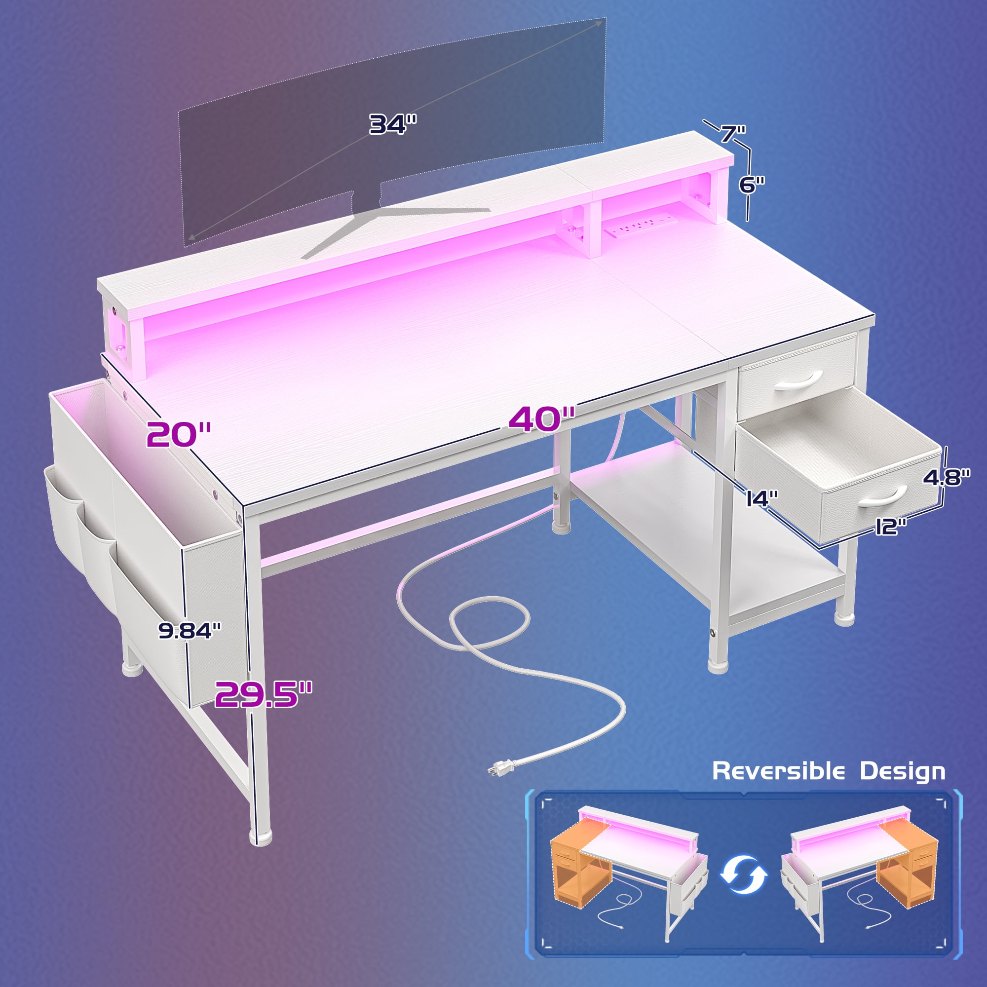 EnHomee 40" Desk with Power Outlets and LED Lights, Computer Desk with Drawers & Storage, Gaming Desk with Monitor Stand, White