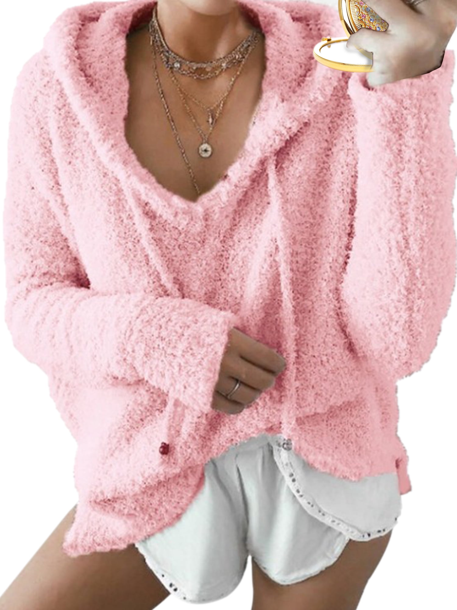 Women's Plush Fuzzy Drawstring V Neck Hoodies Long Sleeve Sherpa Fleece