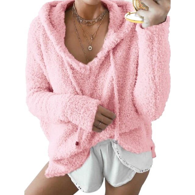 UKAP Ladies Sweatshirt Solid Color Pullover Drawstring Hoodies Loose Fit Winter Hooded Tops Pink S