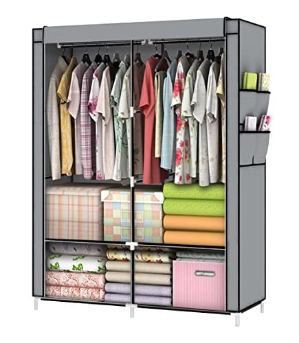 Clothes Storage Organiser with Hanging Rail for Bedroom Cloakroom Fabric Cover Foldable Wardrobe Shelves Portable Closet 130 x 45 170 cm Black 