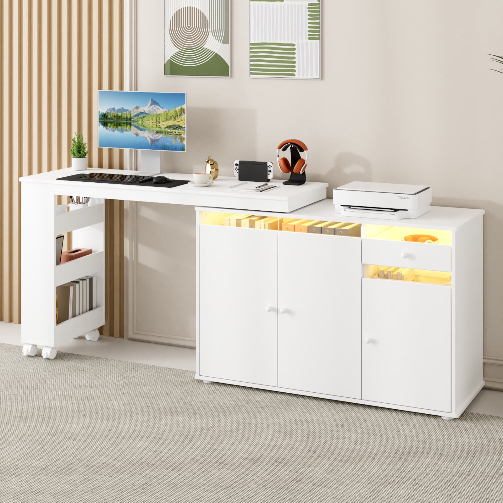 Advwin 53" Rotating L-Shaped Computer Desk with LED Light, Storage Cabinet, Drawer & Shelves, Modern Study Writing Table, Home Office Bedroom Workstation for Small Space, White