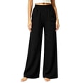 thumbnail image 2 of Women's Soft Cotton Loose Straight Leg Pants with Elastic Waist, Casual Wide Leg Trousers with Side Pockets, Tummy Control, Summer Breathable, Work Lounge | TruHer,Black XL, 2 of 8