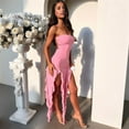 thumbnail image 6 of Women Summer Elegant Strapless Tube Midi Bodycon Dresses Irregular Ruffle Tassel Party Dress Pink L, 6 of 8