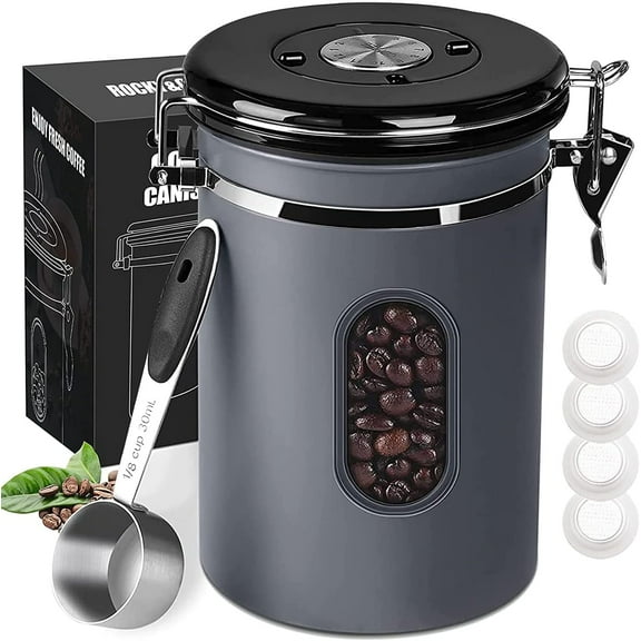 1800ML Airtight Coffee Canister with Date Tracker&Transparent Window, 22.8OZ Coffee Container with 30ML Measure Spoon&4 co2 Valve, Coffee Bean Storage Container for Grounds Coffee, Beans, Tea(Gray)
