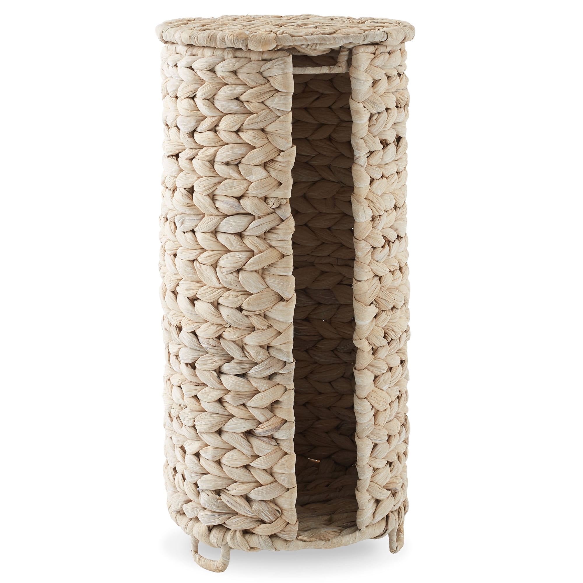 Casafield Toilet Paper Roll Holder with Lid - Whitewash, Fits 3 Rolls, Free Standing Water Hyacinth Bath Tissue Storage Organizer for Bathroom
