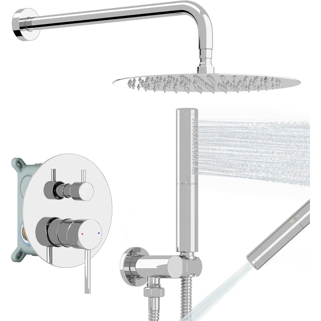 Shower System with Round Rain Shower Head and Handheld Wall Mounted High Pressure Rainfall Heads Shower Faucet Fixture Combo Set with Spray Showerhead for Bathroom Matte