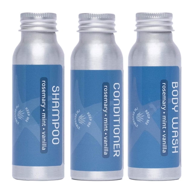 Champú acondicionador y gel de baño tamaño viaje - Romero Menta Vainilla - Botella recargable sin sulfato 2.5 oz
