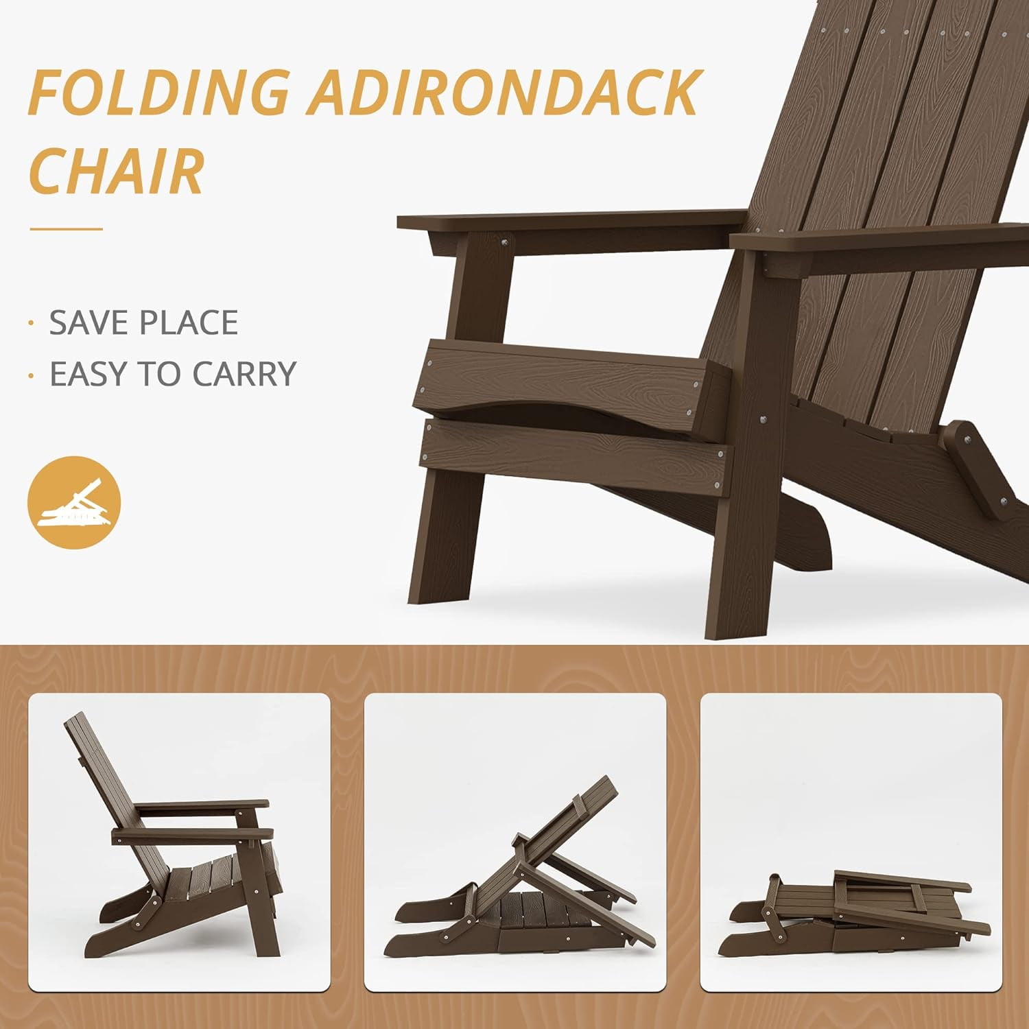 Dycanpo Folding Adirondack Chairs Set of 4, Hdps Poly Outdoor Chair Weather Resistant, Dark Brown