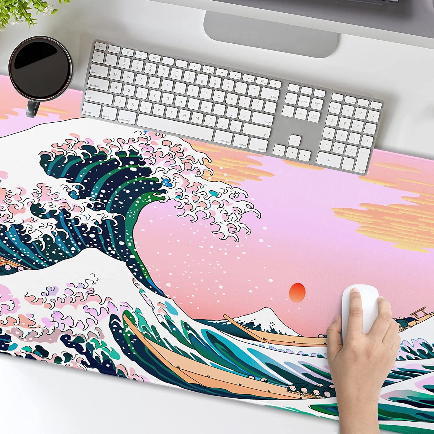 Pink Mouse Pad Japanese Wave Gaming Mousepad XL Anime Sunset Extended Large Desk Cover Big Table Mat Non-Slip Rubber Base Stitched Edge Long Keyboard Playmat for Laptop Gamer Office,31.5×11.8 in