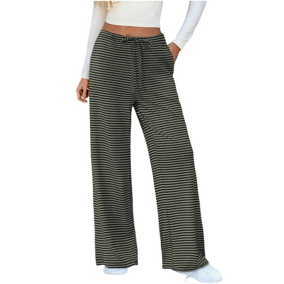 BODOAO Striped Wide Leg Pants for Women - Casual Loose Fit High-Waisted Drawstring Pajama Pants - Straight Trousers Striped Pants Elastic Waist Knit Baggy Sweatpants with Pockets Army Green L