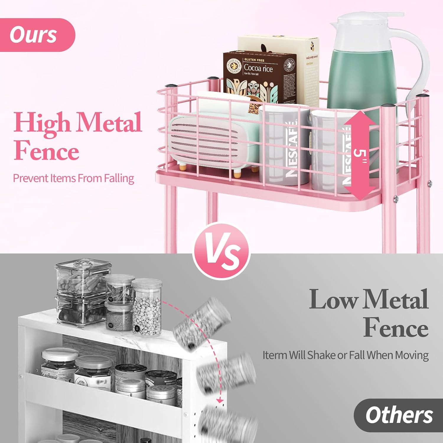 3 Tier Utility Rolling Cart, Metal Storage Cart with Lockable Wheels, Multifunctional Storage Organizer Trolley with Mesh Baskets for Kitchen, Living Room, Office, Bathroom, Garage, Pink