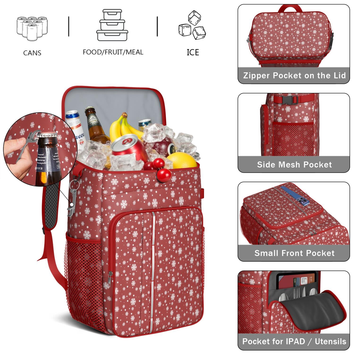 Travel Cooler Bag - Red Christmas Snowflake Pattern Camping Beer Cooler Backpack with Bottle Opener- Waterproof Insulated Picnic Backpacks - Cooler Bag for Beach